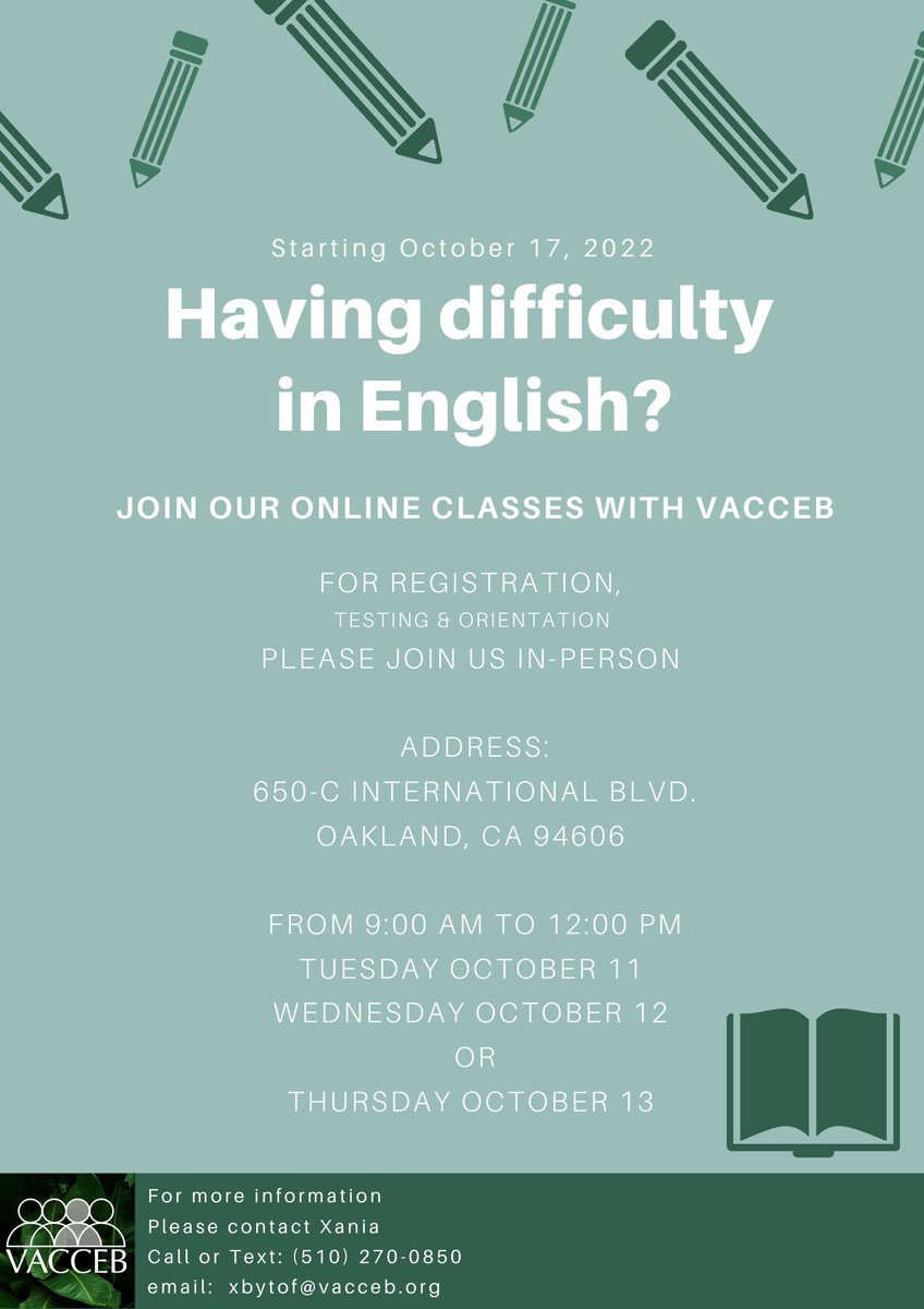 VACCEB (@vacceb) on Twitter photo Could you please share the attached flyer with your communities?
We will have 3 level ESL classes: level 1, 2, and 3
We offer the books at $35 for (borrowing / buying), and teach you how to use Zoom.
For more information
please contact Xania
xbytof@vacceb.org
510 270 0850 Could you please share the attached flyer with your communities?
We will have 3 level ESL classes: level 1, 2, and 3
We offer the books at $35 for (borrowing / buying), and teach you how to use Zoom.
For more information
please contact Xania
xbytof@vacceb.org
510 270 0850