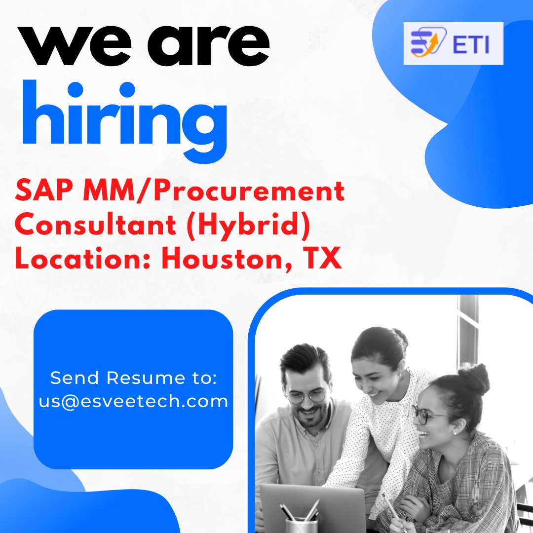 techesvee's tweet photo. We are Hiring for the below position
Job Role: SAP MM/Procurement Consultant (Hybrid)
Location: Houston, TX
If interested, can send resume to: us@esveetech.com
For More Details you can visit Website: https://t.co/r1s4juxbbz
#sap #ewm #srm #sapmodules #saphana #saps4 #sapmm https://t.co/CO6RAtvkaa