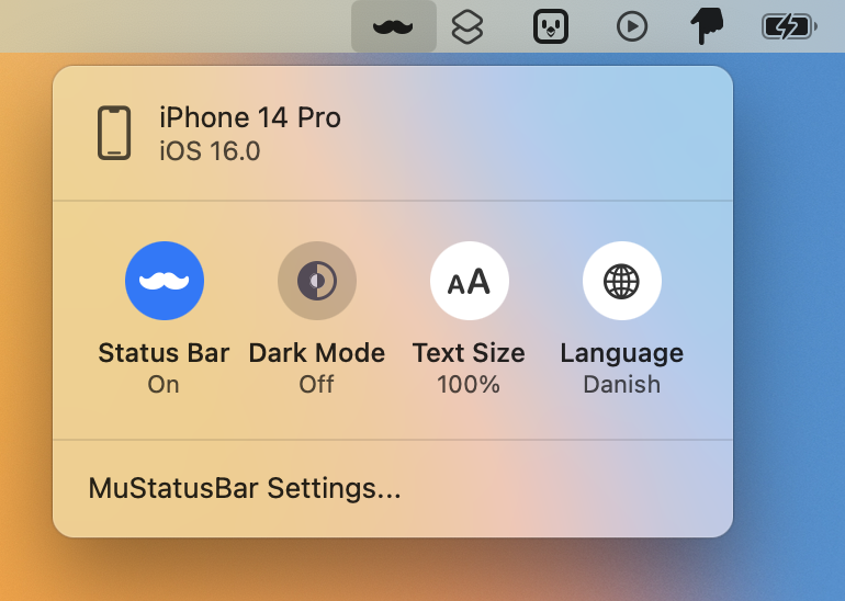 simonbs's tweet photo. Ever needed to clean up the status bar of your iPhone or iPad simulator for screenshots? MuStatusBar makes that a breeze!

MuStatusBar is a menu bar app that automatically keeps the status bar of your simulators tidy ✨

Get the app here 👇

https://t.co/Hq9hh8N0c6 https://t.co/KeTKhqtB7E