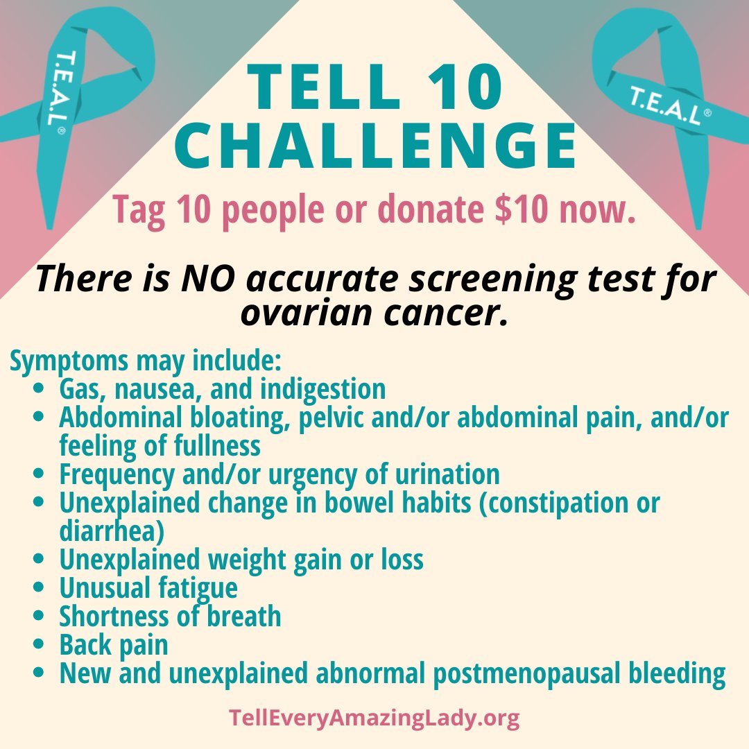 TEALWALK's tweet photo. Join the Tell 10 Challenge! Save this picture, post to social media, and tag 10 friends to keep the Tell 10 Challenge going! Knowing the signs and symptoms of ovarian cancer could save a life.
https://t.co/wdKtwmiD4s
#teal #ovariancancerawarenessmonth #ocamonth #ovariancancer https://t.co/Smkovynwpr