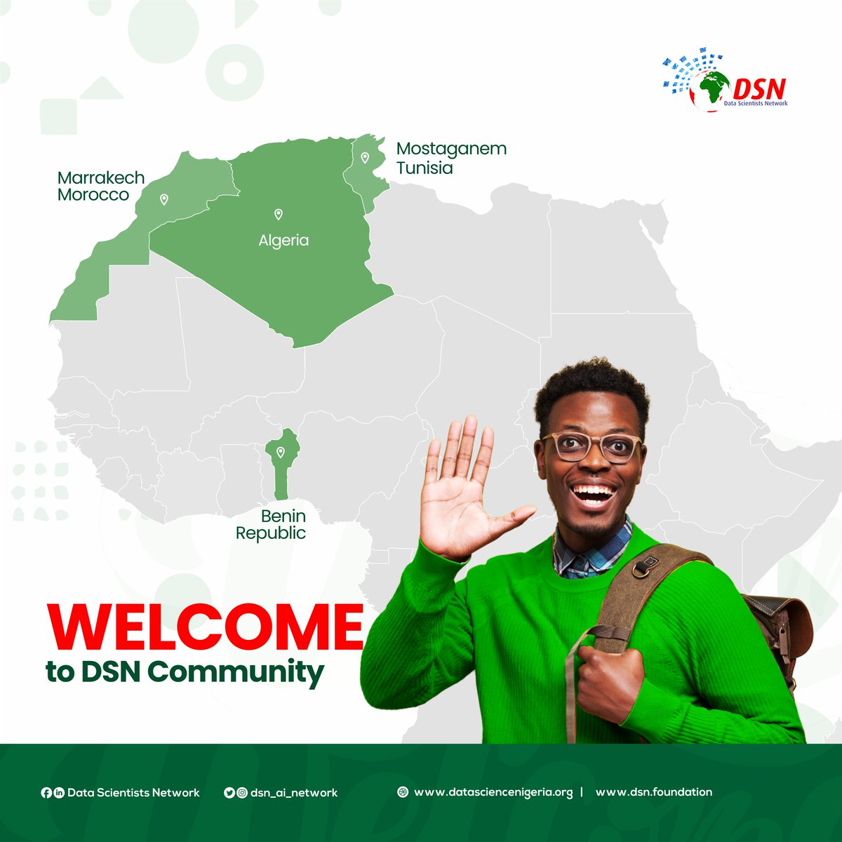 dsn_ai_network's tweet photo. DSN is growing global and local. We are proud of our new international expansion as a leading learning, research &amp; solution delivery network.

Welcome our new communities in Algeria, Morocco, Tunisia, Benin Rep.

Our vision to raise 1 million AI talents is very much on track! https://t.co/SxODD6qTPK