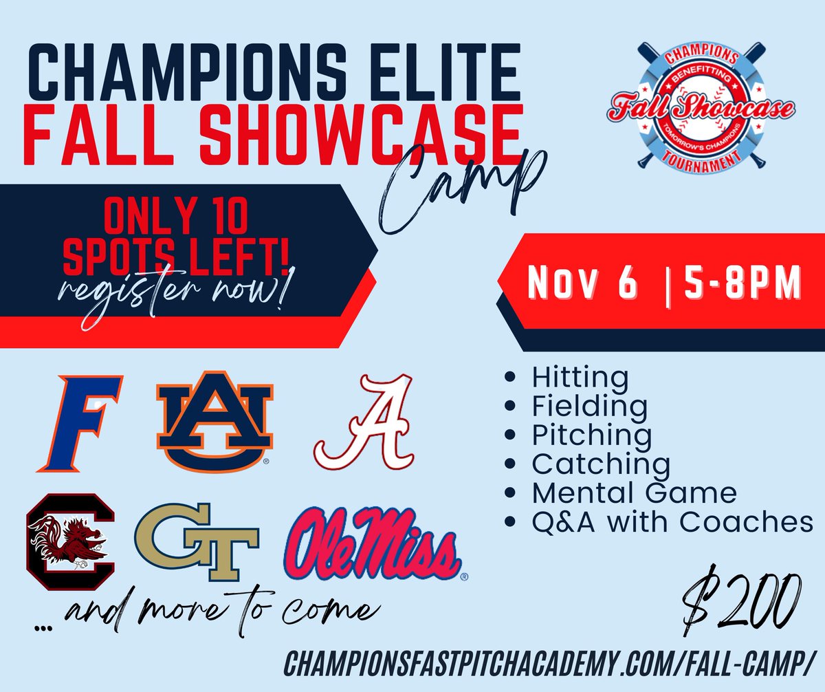 Ole Miss is officially our newest addition to camp. LIMITED spots available. This is one Showcase Camp that you don't want to miss❗️

Register Today: championsfastpitchacademy.com/fall-camp/