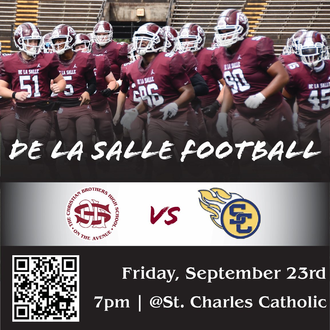 dls_athletics's tweet photo. #CavNation, come travel with the #Cavaliers as they take on St. Charles Catholic this Friday! Tickets are $10 and can be purchased by scanning the QR code. SCC will not accept cash at the gate so get your tickets soon! See you there! Go #Cavs!! #DLSAthletics #DLSFootball #DLSNola https://t.co/mG7pYzEBVw