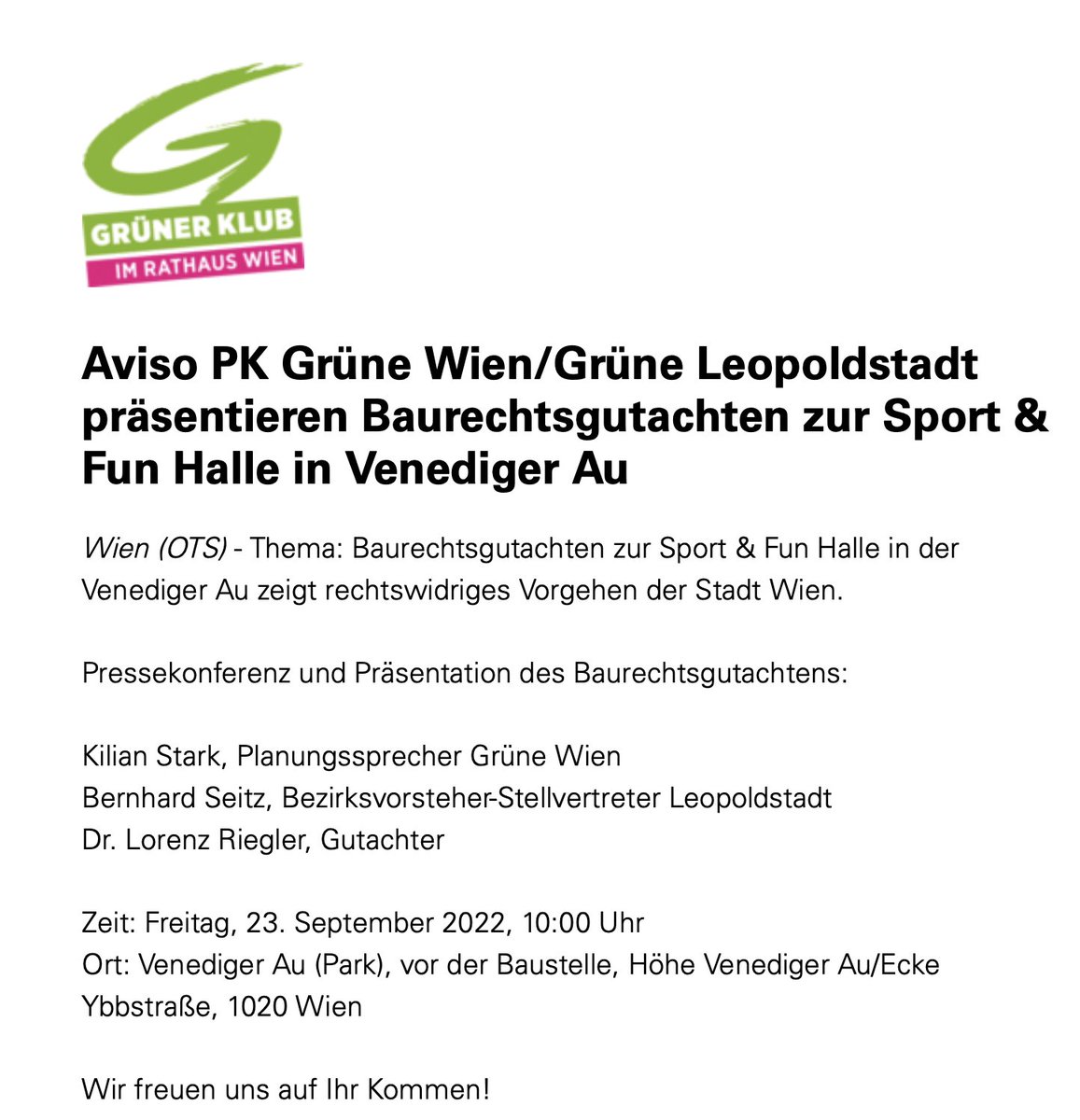 grueneleo's tweet photo. Wir laden herzlich alle Interessierten zu unserer Pressekonferenz, in der wir das Ergebnis der von uns beauftragten Baurechtsprüfung zur Sport &amp; Fun-Halle in der #VenedigerAu präsentieren.
➡️Freitag, 23.9.22, ab 10 Uhr
➡️in der Venediger Au vor der Baustelle https://t.co/RagJr748xv