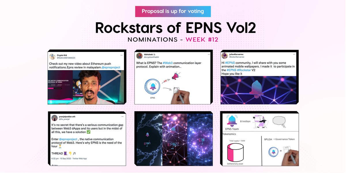 PushChain's tweet photo. 3/ 🗳️Time to Vote fam!🗳️
A new proposal is up to select our next #RockstarsOfEPNS Winner via Push Governance voting. 👨🎤🤩
Click below to vote!
🔗👉 https://t.co/ZHU8DdmBr1
Nominated candidates:
⭐ @cryptowithabhi
⭐ @0x_pranjal
⭐ @NidhinM67289023
⭐ @JulienKervarrec https://t.co/WVZoJWXSel
