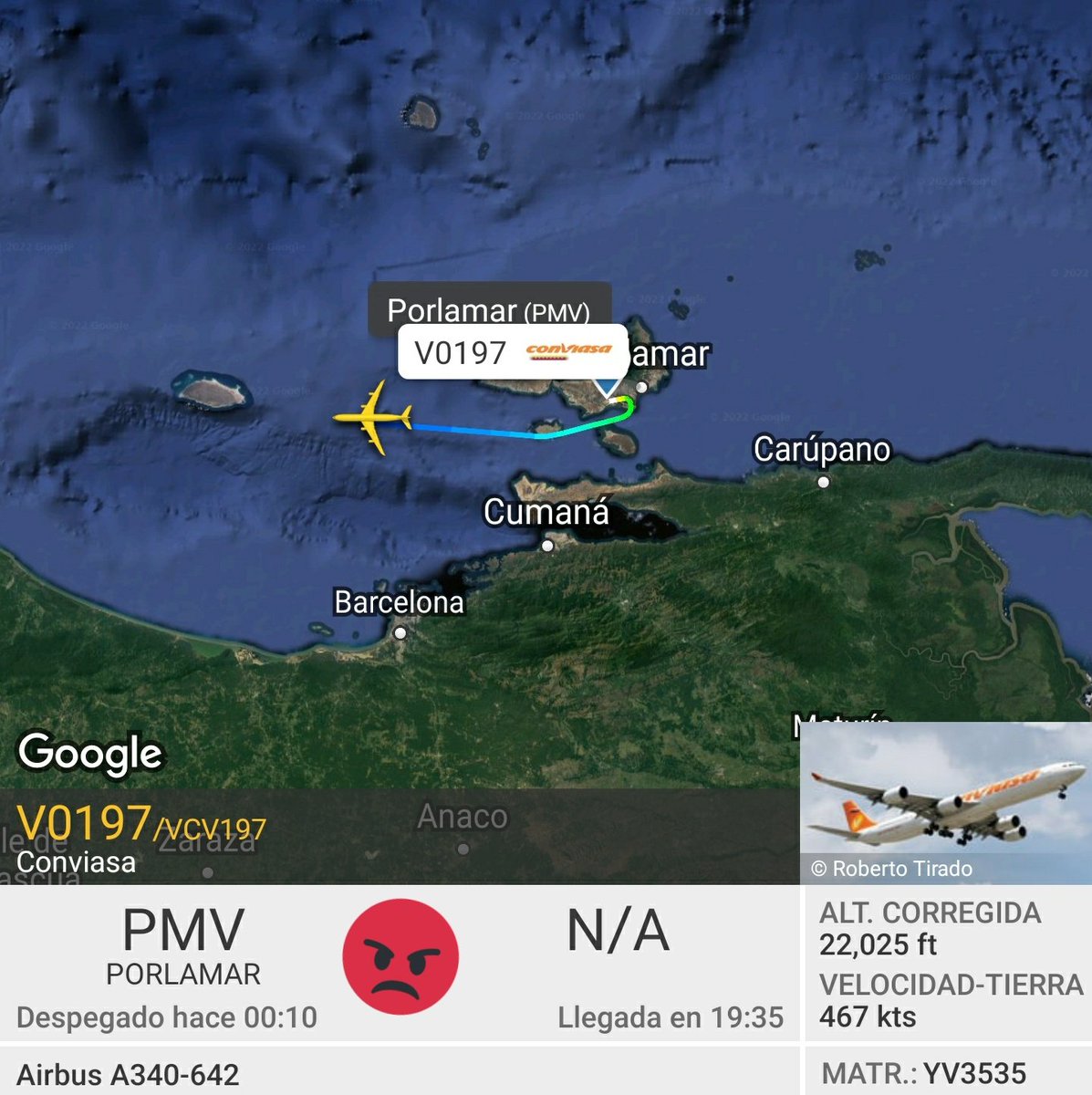 Arr3ch0's tweet photo. Conviasa #YV3535 retornando #ahora a Maiquetia desde Teheran 🇮🇷 luego de una escala de menos de unabhora en Porlamar. Ayer salió Caracas - Teherán y retornó luego de 3hrs 40min directo a Margarita.
#YV1004 creo que está en Iran desde Marzo y #YV3533 desde 18/09. https://t.co/zKLbwhnoXZ