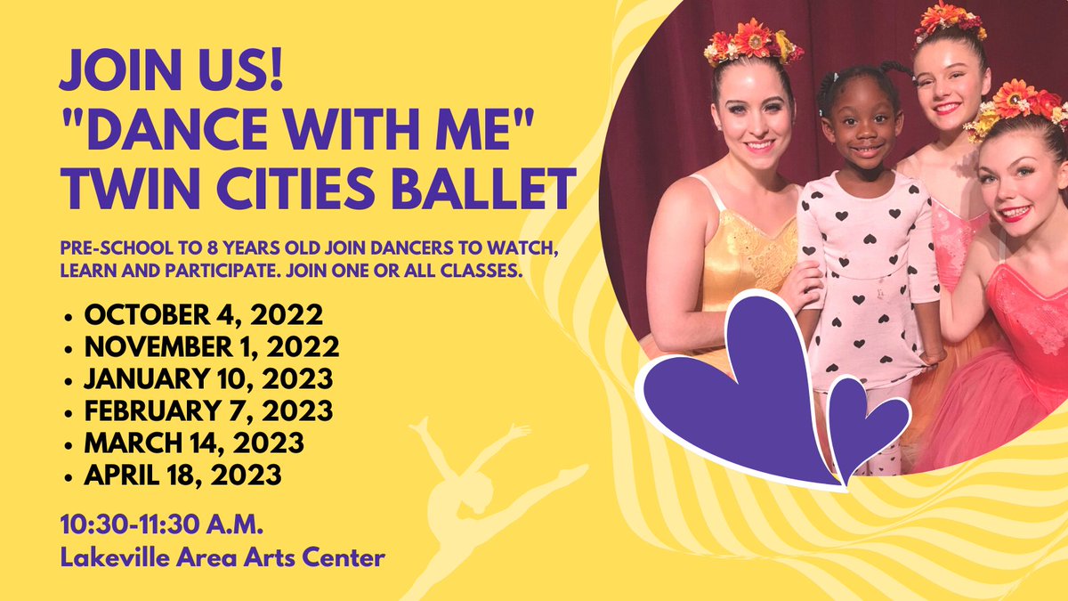 Coming up for pre-school to age 8 is our "Dance with Me" one-hour classes on Oct 4 at 10:30 a.m. Tix are just $6, registration: lakevilleareaartscenter.com/1056/Dance-Wit… Attend all or just one and have fun!