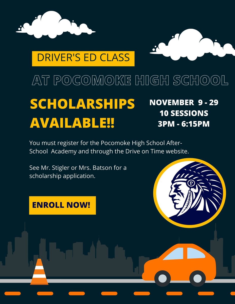 Scholarships are available for Driver’s Education at Pocomoke High School. See Mr. Stigler with questions! Register here: Tinyurl.com/PHSafterschool… and driveontimedrivingschool.com <a href="/PHSWarriors1957/">PHS Warriors</a>