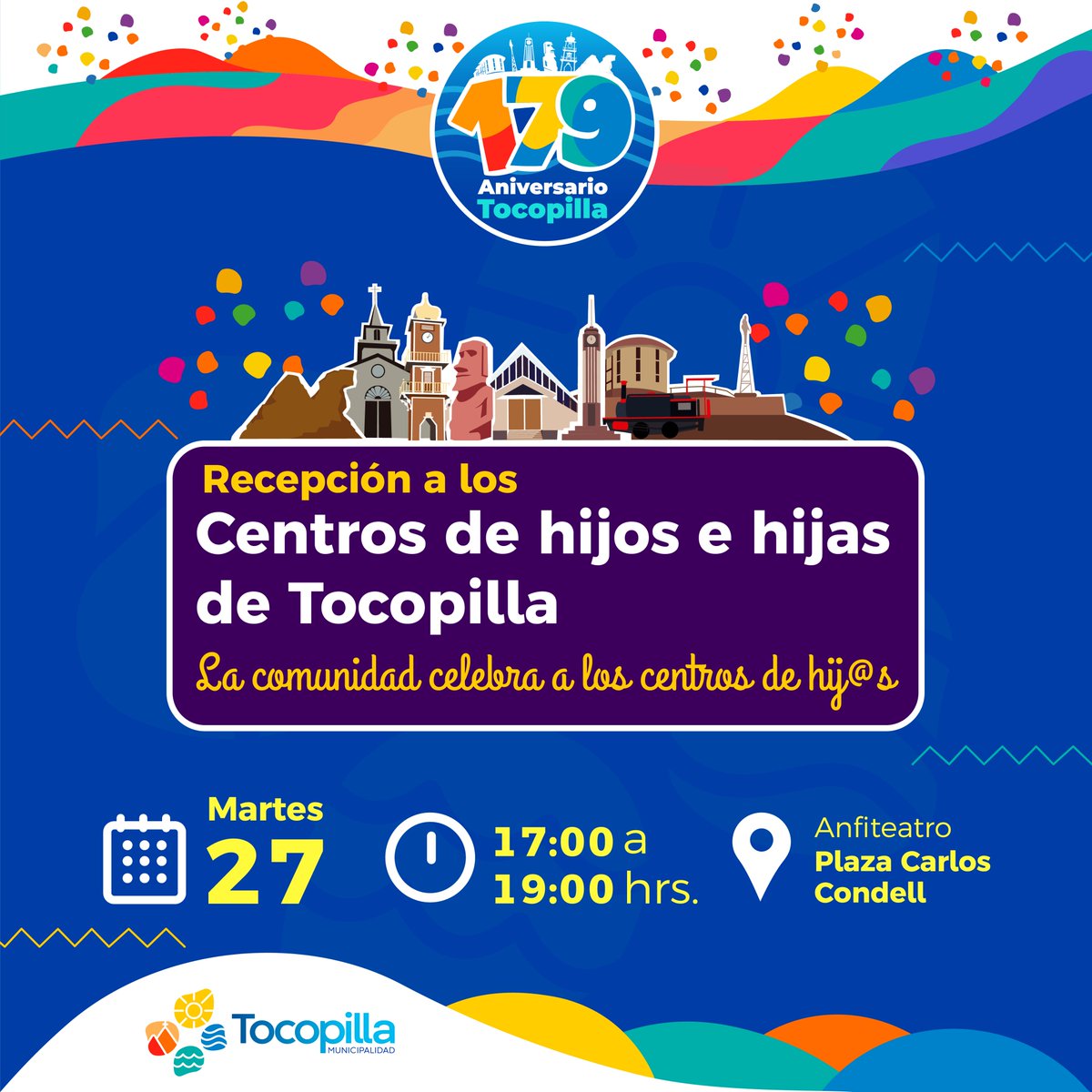 El martes 27 de Septiembre, a las 17:00, en el Anfiteatro de la Plaza, realizaremos la actividad "La comunidad celebra a los Centros de Hijos e Hijas". contaremos con artistas especiales para que tod@s podamos celebrar nuestra semana de #Aniversario179 🇨🇱
#Tocopilla
