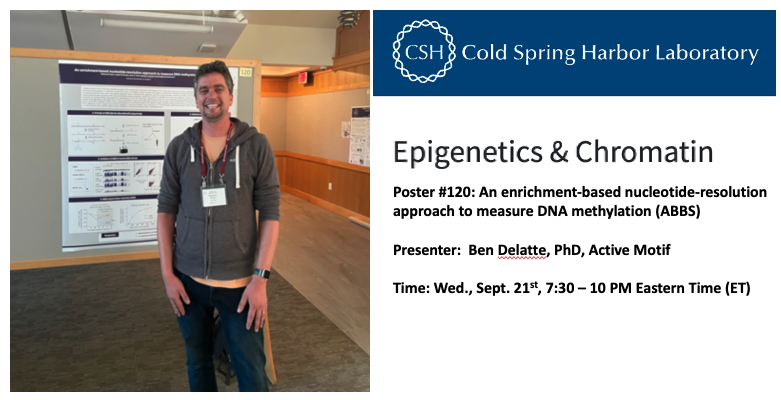activemotif's tweet photo. We are excited to be a part of the Epigenetics &amp; Chromatin Meeting at @CSHL this week. Don't miss Dr. Ben Delatte's poster today on Anchor-Based Bisulfite Sequencing (ABBS)! https://t.co/ZTulhyTBMH #cshlepich22 @cshlmeetings https://t.co/WIYR9EthxD