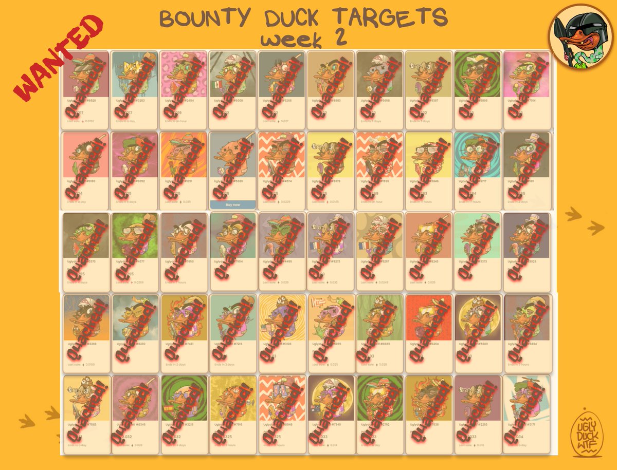 Quack, quack⁉️The bounty hunters had another successful hunt today and eliminated 50 targets! 🦆

Dont quacking worry you can grab a duck and get ready for the next hunt! 👇🏽

Opensea: opensea.io/collection/ugl…

This is the quacking way!

#uglyduckwtf #duckarmy #NFTCommunity #NFTs
