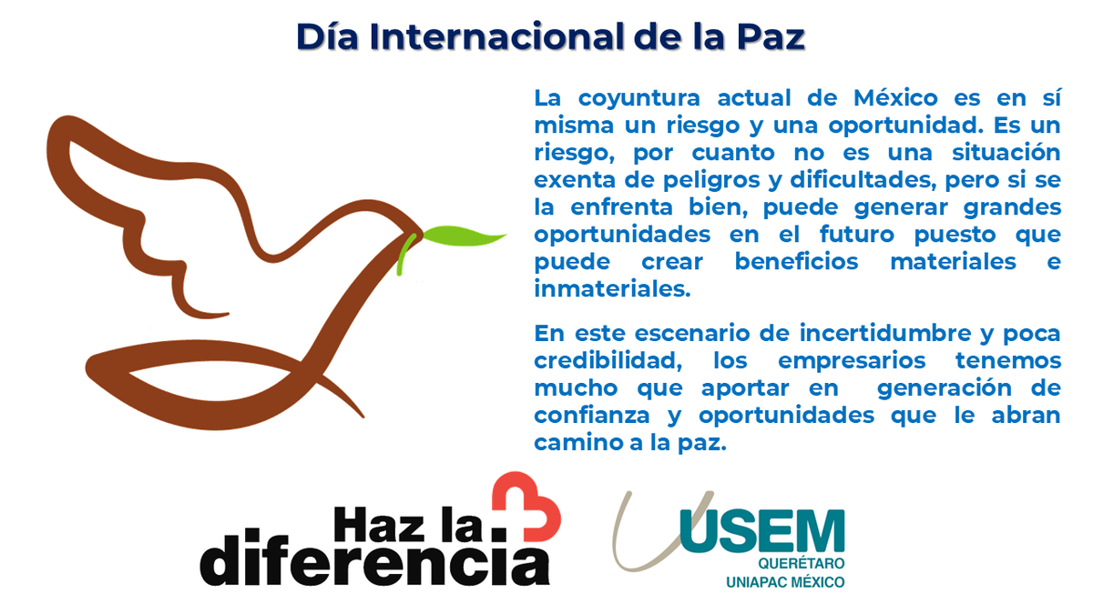USEM_QUERETARO's tweet photo. La voz informada de los empresarios es un recurso indispensable no solo para la construcción de paz, sino también para su implementación. ¡Hagamos la diferencia!
#DiaInternacionalDeLaPaz #SomosUSEM #USEM #RetoUSEM https://t.co/N4nkHQwRDk