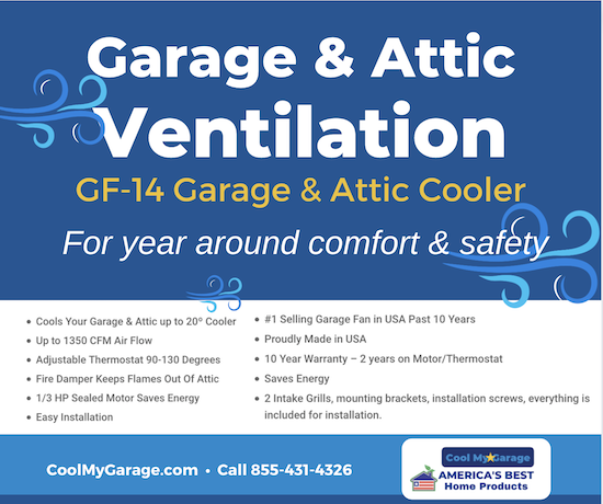 Cool and Ventilate your 2-3 car garage for comfort, safety and protection of people and things. We can help with the GF-14 Garage Fan & Attic Cooler at 855-431-4326. #garagecooling #atticventilation 😎