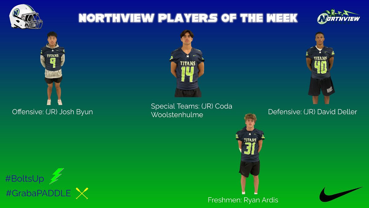 NorthviewHSFB's tweet photo. Congratulations to our Game 4 Players of the week! #BoltsUp ⚡️#GrabaPADDLE https://t.co/v6LA4N6NAr
