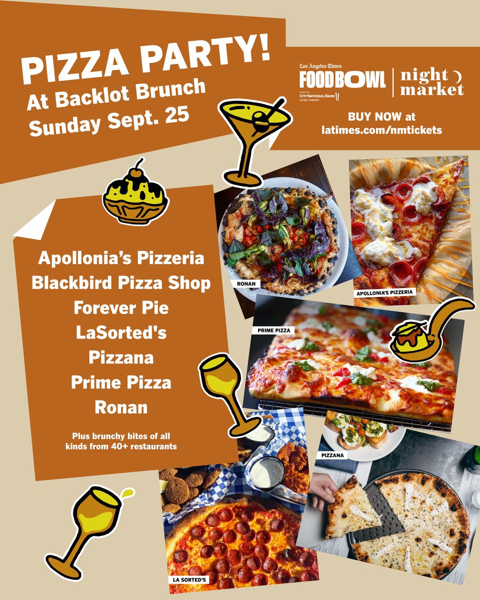 On Sunday, we’re hosting a Pizza Party during our Backlot Brunch! 🍕🍕🍕

Featuring mouth-watering slices from some of the most delicious pizza places across #LA, as well as brunch bites of all kinds from 40+ restaurants! 🍕🍕🍕

Tickets at latimes.com/nmtickets! 🍕🍕🍕