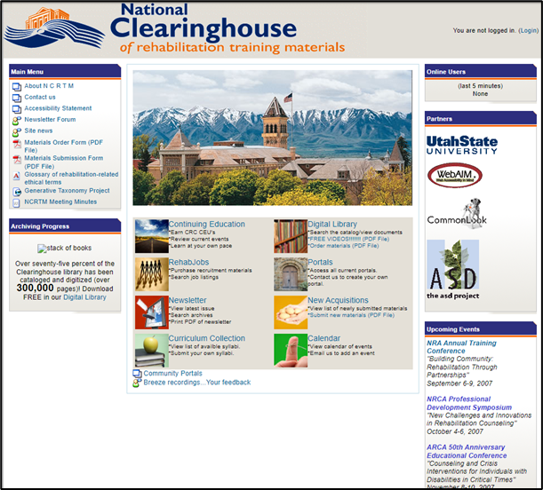 In anticipation of the new National Clearinghouse of Rehabilitation Training Materials (NCRTM) website, let’s look at past versions! In 2007, the layout was different, but there were familiar sections like the library and newsletter. #NCRTMPremiere #ThrowbackThursday