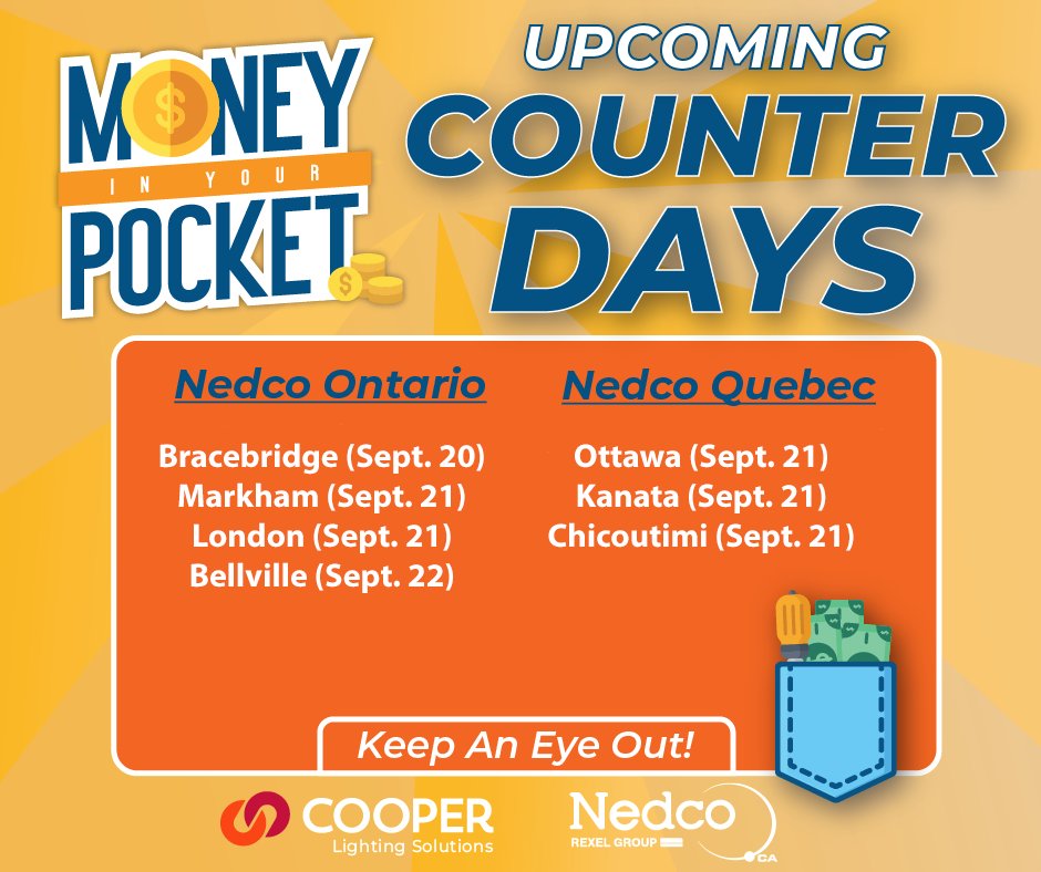 Nedco_Canada's tweet image. Mark your calendar!! Upcoming Counter Days with Cooper Lighting Solutions! Nedco Belleville is tomorrow!! 

:

:

Les journées comptoir à venir 

#nedco #cooperlightingsolutions #miyp #counterdays #branch #electrcians