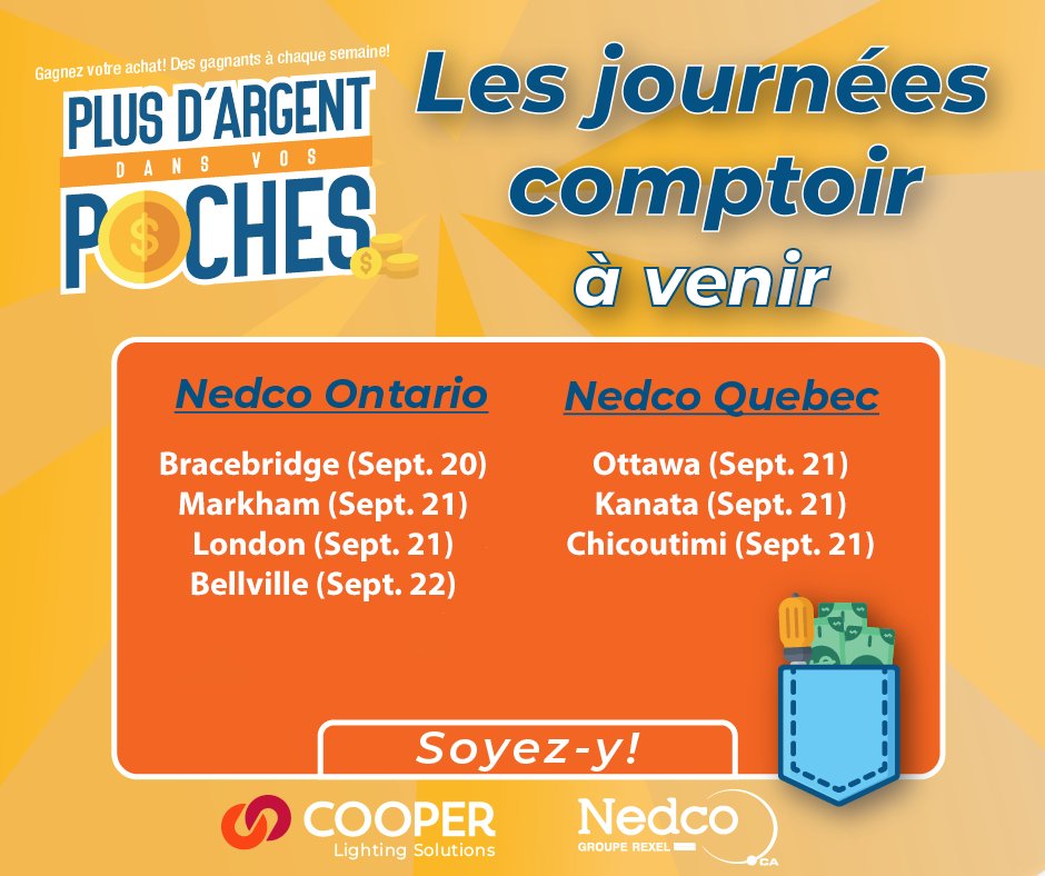 Nedco_Canada's tweet image. Mark your calendar!! Upcoming Counter Days with Cooper Lighting Solutions! Nedco Belleville is tomorrow!! 

:

:

Les journées comptoir à venir 

#nedco #cooperlightingsolutions #miyp #counterdays #branch #electrcians