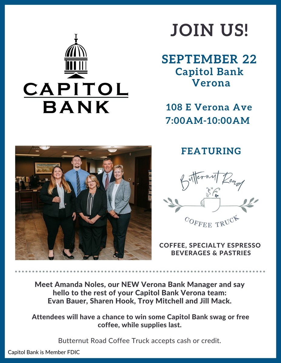 Join us tomorrow between 7-10am at our Verona location for Butternut Road Coffee Truck! 👏🥳☕️ 
<a href="/jillmack25/">Jill Mack</a>
