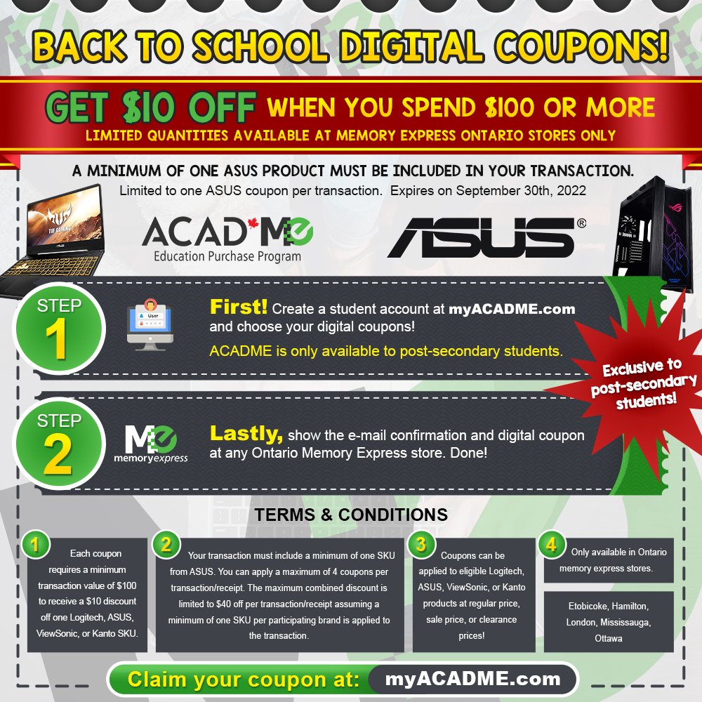 ACADME_Esports's tweet photo. Hey hey students! Want some more savings?

@ASUSUSA has your back!

ACADME digital coupons can be used in-store at Ontario @MemoryExpress only.

Click below to claim your ASUS coupon (Ontario students only)
https://t.co/l1Hb0uyX2r https://t.co/7U35zkGp6r