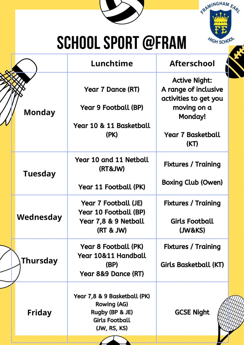 It’s been fantastic to see so many students taking part in school sport opportunities again this week. Here are the clubs for this term. Each club is free and no need to sign up, just turn up!