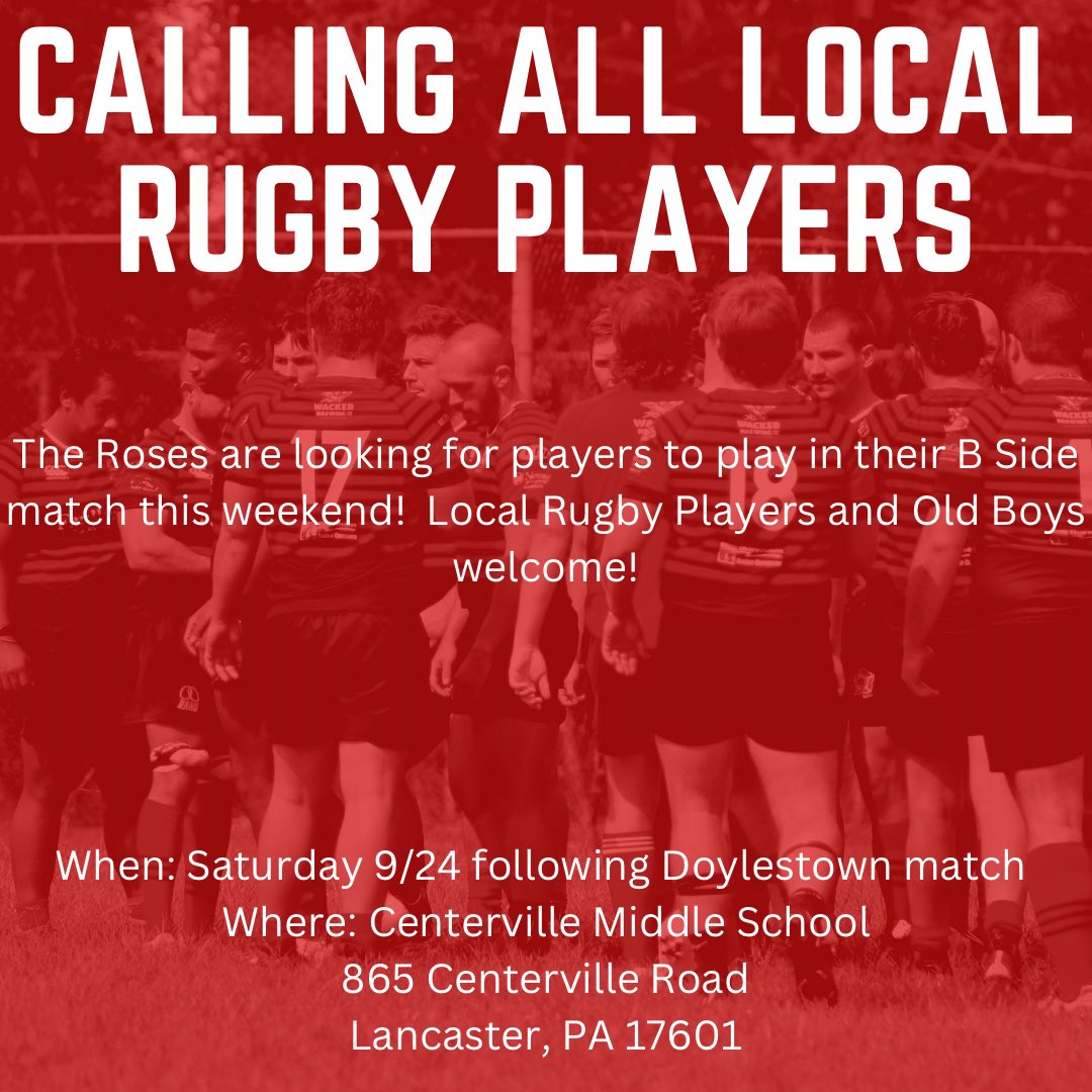 Roses_Rugby's tweet photo. CALLING ALL OLD BOYS AND LOCAL RUGBY PLAYERS: The Roses are looking for players for their B Side match this weekend following their league match against Doylestown. Come out and play with us this weekend! Reach out with any questions! #RosesRugby https://t.co/Uyf18R43xC
