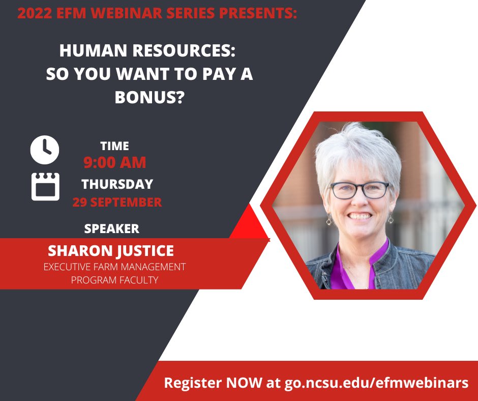 ExecFarmMgmt's tweet photo. Our next FREE webinar in our 2022 EFM Fall Webinar Series will be next Thursday, September 29, at 9 a.m. on Zoom. 

The webinar will walk you through the basics of bonuses and will feature HR Consultant Sharon Justice.

All are welcome to join! Register at https://t.co/R3PM2fahek https://t.co/m0j0gECQiS