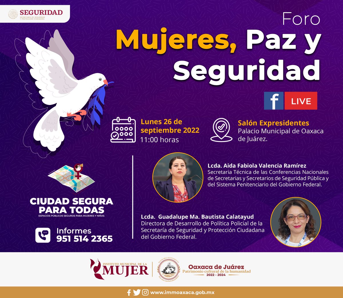 IMMOax's tweet photo. En el marco del #DíaInternacionaldelaPaz 🕊️ y como parte del Programa Ciudad Segura para todas, el @IMMOax, le invitan al foro "Mujeres, Paz y Seguridad" que se llevará a cabo, el próximo lunes 26 de septiembre a las 11:00 horas. 

#mundolibredeviolencia #Igualdaddeoportunidades https://t.co/rpu2Fpbrmp