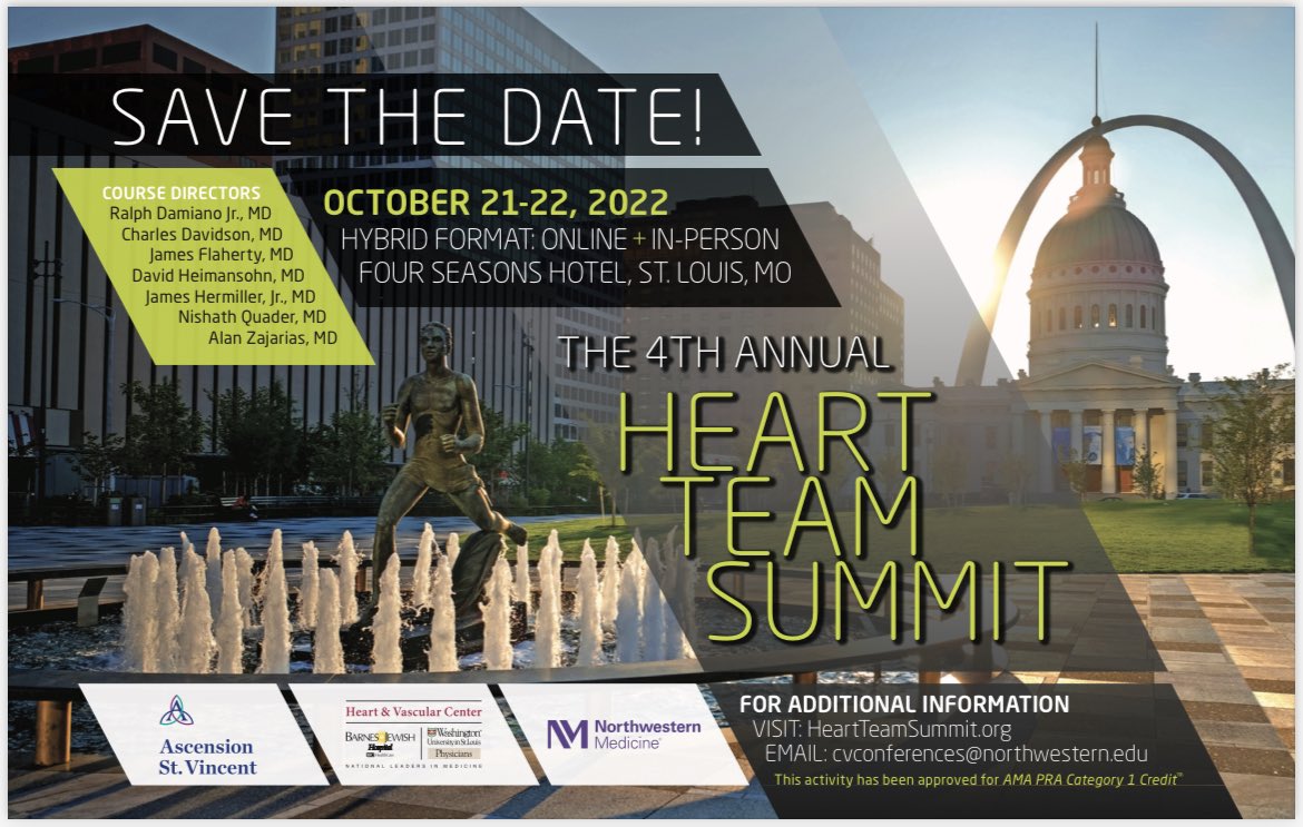 AlanZajarias's tweet photo. Catch up on the latest topics in Cardiology. Sign up for the Heart Team Summit October 21-22. See you in St Louis! #washucardiology #northwesternuniversity https://t.co/aRQSTrFHlH