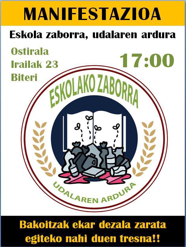 Talaia_FE's tweet photo. Ostiral honetan #eskolakozaborraudalarenardura lemapean egingo dugun manifestaldian parte har ezazue.
Gure seme-alabek ikasgela duin eta garbiak behar dituztelako osasuntsu ikasi ahal izateko.
Han elkartuko gara eta oraingoan bai entzun beharko gaituzte!
ZATOZ!!! https://t.co/RTKkY3nnGu