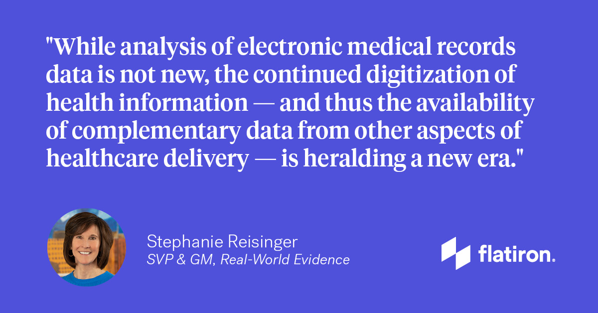 flatironhealth's tweet photo. #IntegratedEvidence provides an opportunity to accelerate our ability to study treatment &amp; associated patient outcomes across diseases, not possible from individual data sources.

Stephanie Reisinger, SVP&amp;GM of #RWE, shared her thoughts with @medcitynews https://t.co/U1aQ9b3zc2 https://t.co/hryJqgLv7P