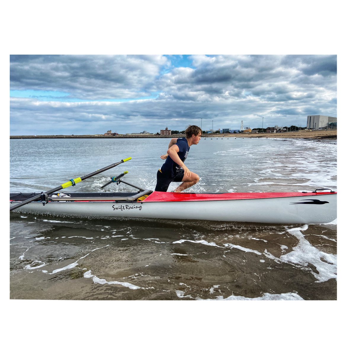 markhyson's tweet photo. Training at Littlehaven beach in South Shields, just over the river from Tynemouth Haven. The new @SwiftRacingUK Elite Carbon boat is great, light and manoeuvrable. Here @FlowerdewHal is practising getting off the boat and sprinting to the finish, helped by Natacha. @TynemouthRC https://t.co/enoo1P71K4
