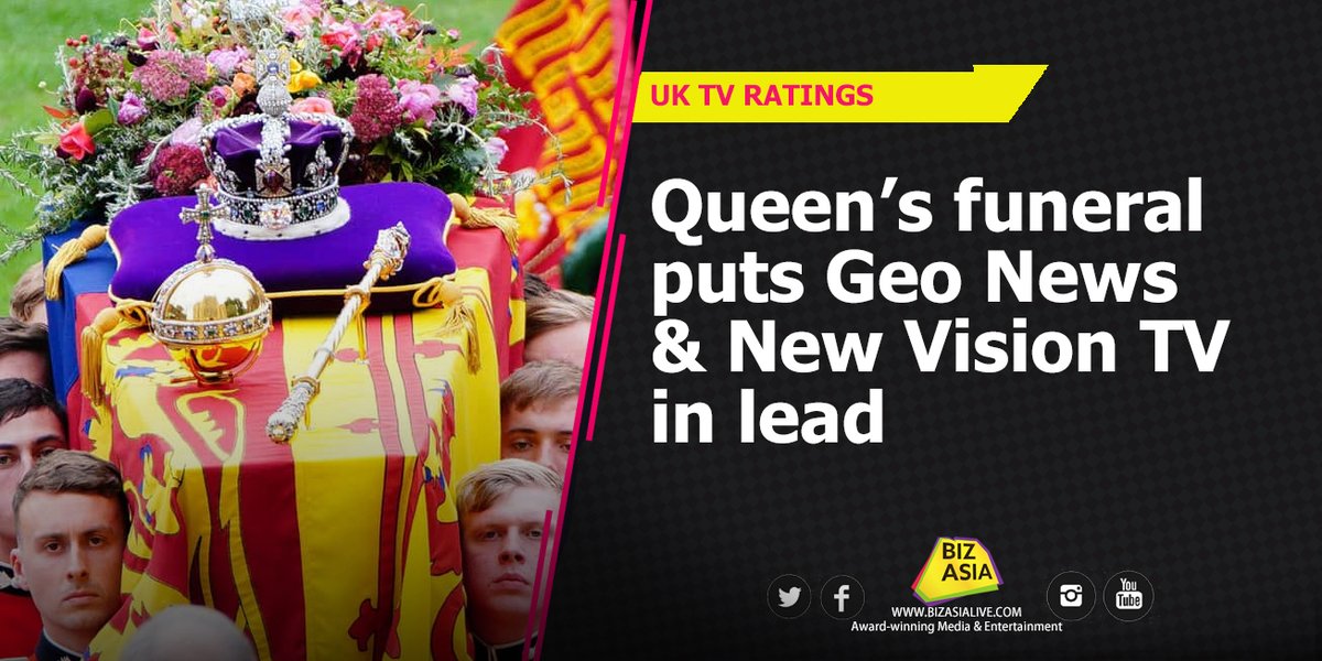 BizAsiaLive's tweet photo. #ICYMI
#BizAsiaRatings | Queen's funeral puts Geo News & New Vision TV in lead on Monday in UK: https://t.co/9ASzLX8XG1
#GeoNews | #NewVisionTV | #ARYNews | #QueensFuneral https://t.co/kUKn4O8tq1