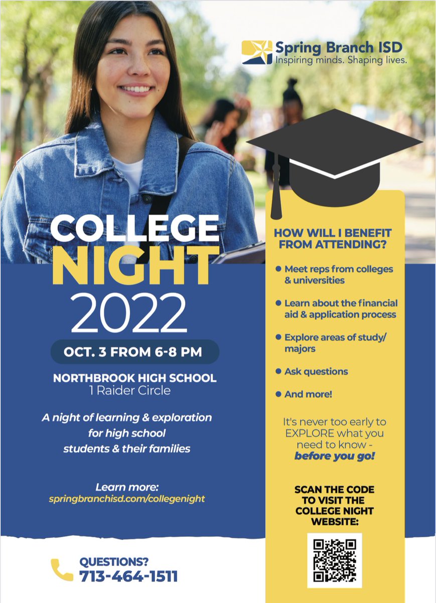 Save the Date! Spring Branch ISD college night is Monday, October 3, 2022 6PM-8PM #sbisd #sbisdt24 #t24 #sbisdcollegenight