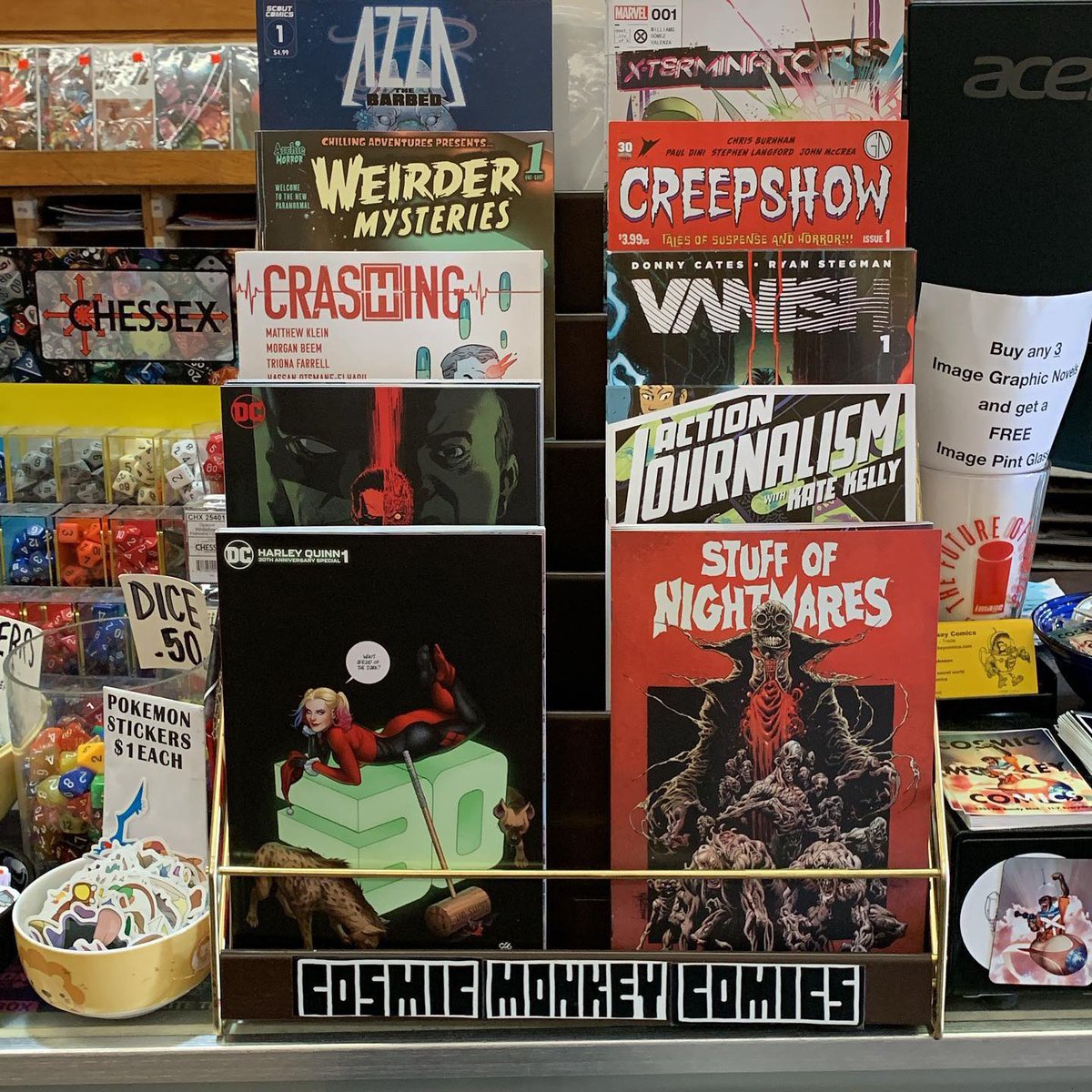 cosmicmonkey's tweet photo. Here’s our featured titles of the week! #harleyquinn30thanniversaryspecial #stuffofnightmares #batmanonebaddaytwoface #actionjournalism #crashing #vanish #chillingadventurespresentsweirdermysteries #creepshiw #azzathebarbed #xterminators #ncbd #comics #cosmicmonkeycomics https://t.co/Li7gIPcPXL