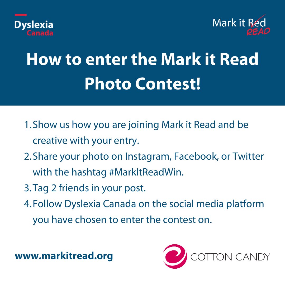 dyslexia_canada's tweet photo. The #MarkItRead photo contest is back! And if you're wondering how to enter, we've got you covered. Head over to https://t.co/a2W3qfTyYZ to explore what prizes are up for grabs, what date you need to enter by and how you can #MarkItReadWin!
#MarkItRead2022 #Contest #Win #Prizes https://t.co/4vv73eWbdX