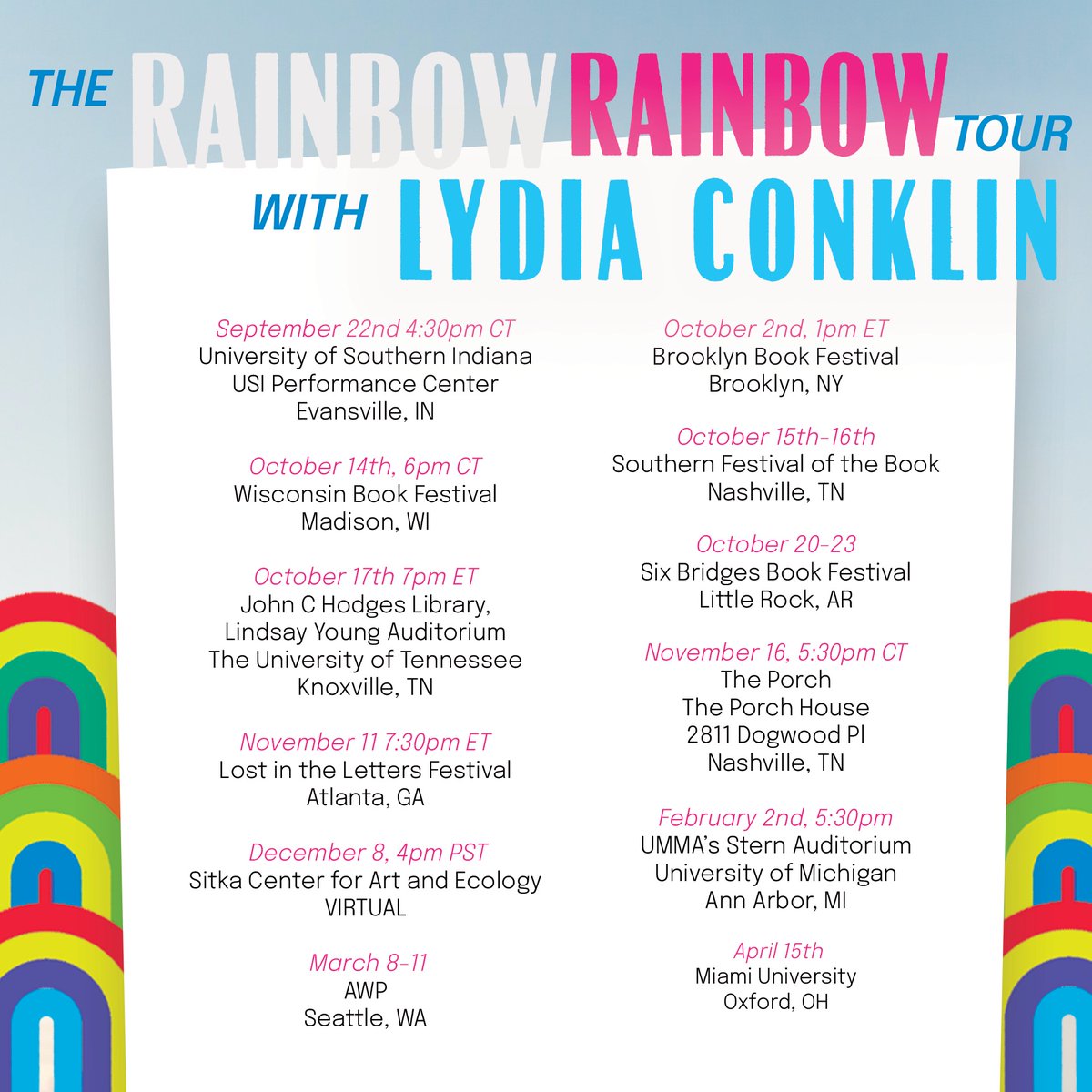 Adventures with 🌈🌈coming soon! Would love to see you!!! 

@BKBF @WIBookFestival @SixBridgesFest @PorchTN  @umichWriters @lostinthelettrs @SoFestofBooks @SitkaCenter @awpwriter