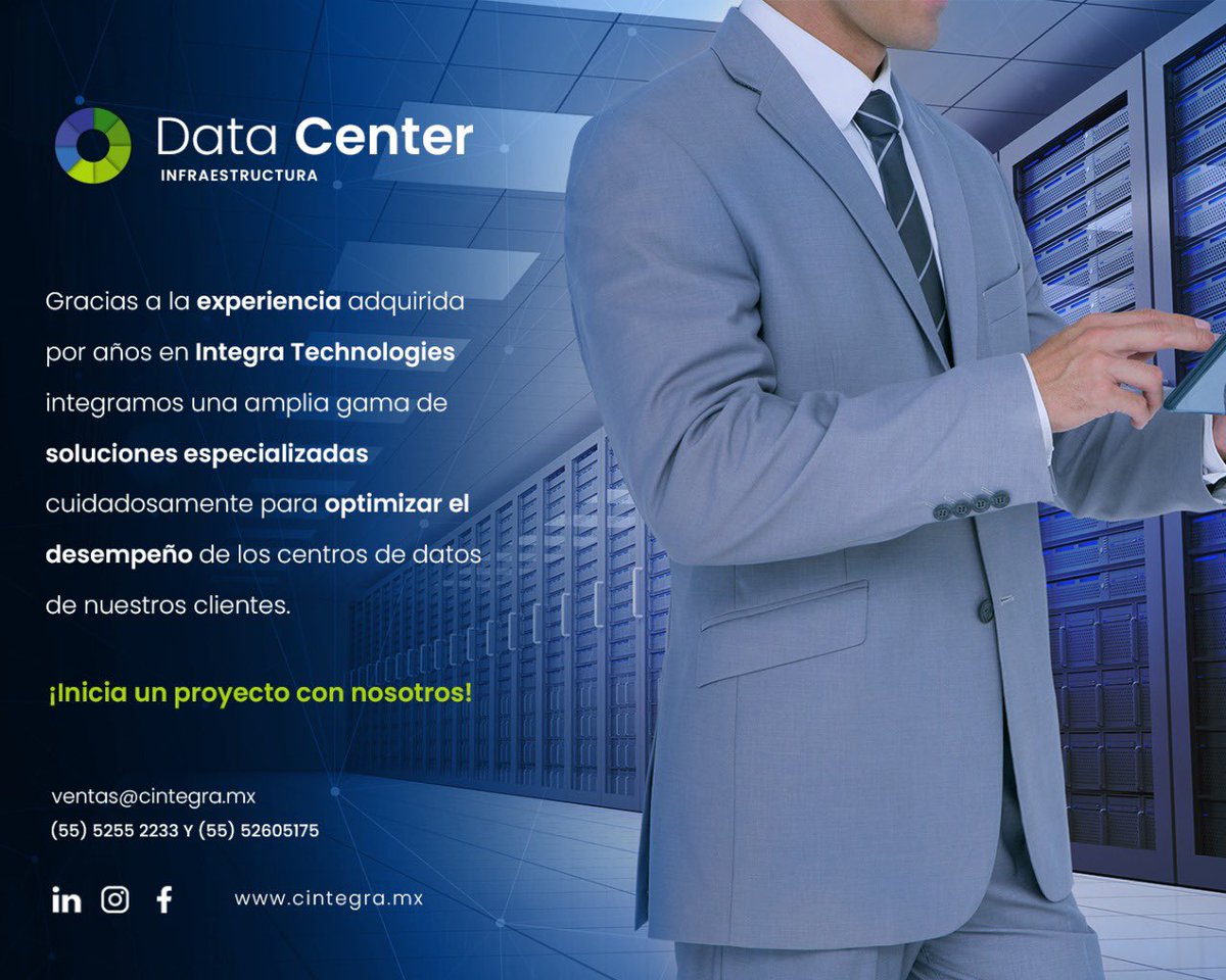 CIntegraTech's tweet photo. Gracias a nuestra experiencia adquirida por 14 años:

Nuestro servicio de 👩🏻‍💻 Data Center se conforma por una amplia gama 📹 de soluciones especializadas cuidadosamente con el fin de optimizar 🌐 el desempeño de los centros de datos de todos nuestros clientes. 

#datacenter https://t.co/nOKFVNFFVe