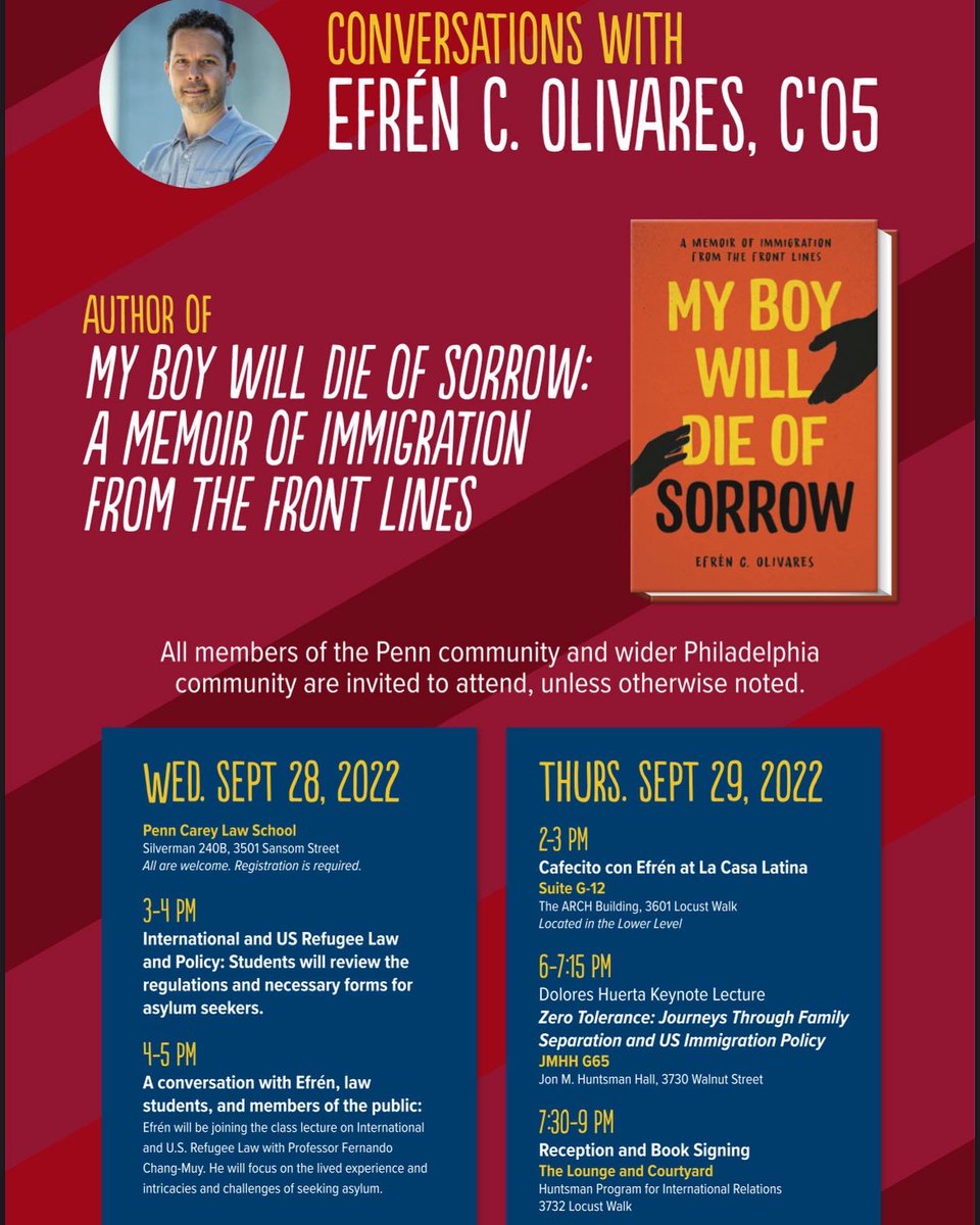 SECPenn's tweet image. The Office of Social Equity and Community and our campus partners are so excited to invite Efrén Olivares C’05 (FGLI alum) back to Penn for a series of programs discussing his work and his new memoir!

alumni.upenn.edu/s/1587/gid2/16…