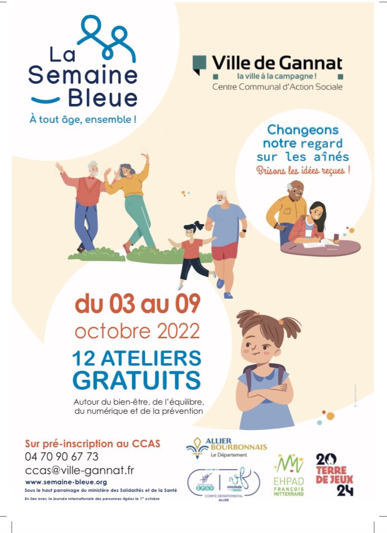fetienne5103's tweet photo. La #SemaineBleue approche : 5 jours d’animations gratuites 🧘🚲💻🐰🍇🖼👟 pour partager, s’initier, bouger, s’informer et porter un autre regard sur nos aînés 
#BienVieillir à #Gannat 
#CCAS #SAAD 
#Prévention #Convivialité #Intergénérationnel ⬇️ https://t.co/UMS704P6ZG