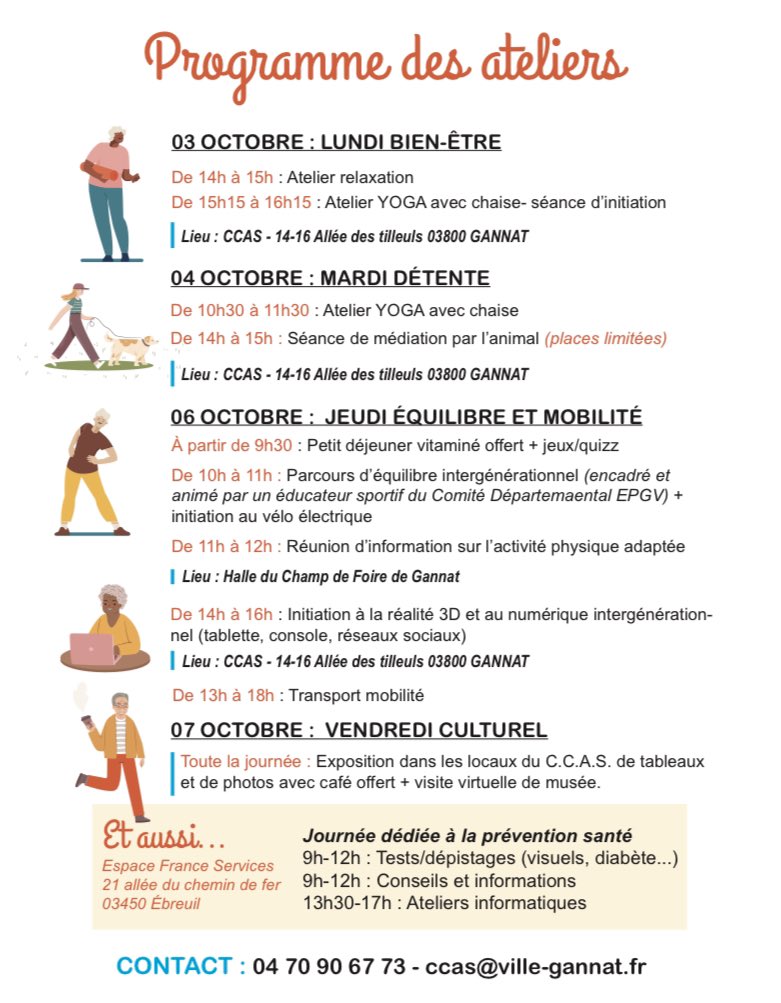 fetienne5103's tweet photo. La #SemaineBleue approche : 5 jours d’animations gratuites 🧘🚲💻🐰🍇🖼👟 pour partager, s’initier, bouger, s’informer et porter un autre regard sur nos aînés 
#BienVieillir à #Gannat 
#CCAS #SAAD 
#Prévention #Convivialité #Intergénérationnel ⬇️ https://t.co/UMS704P6ZG