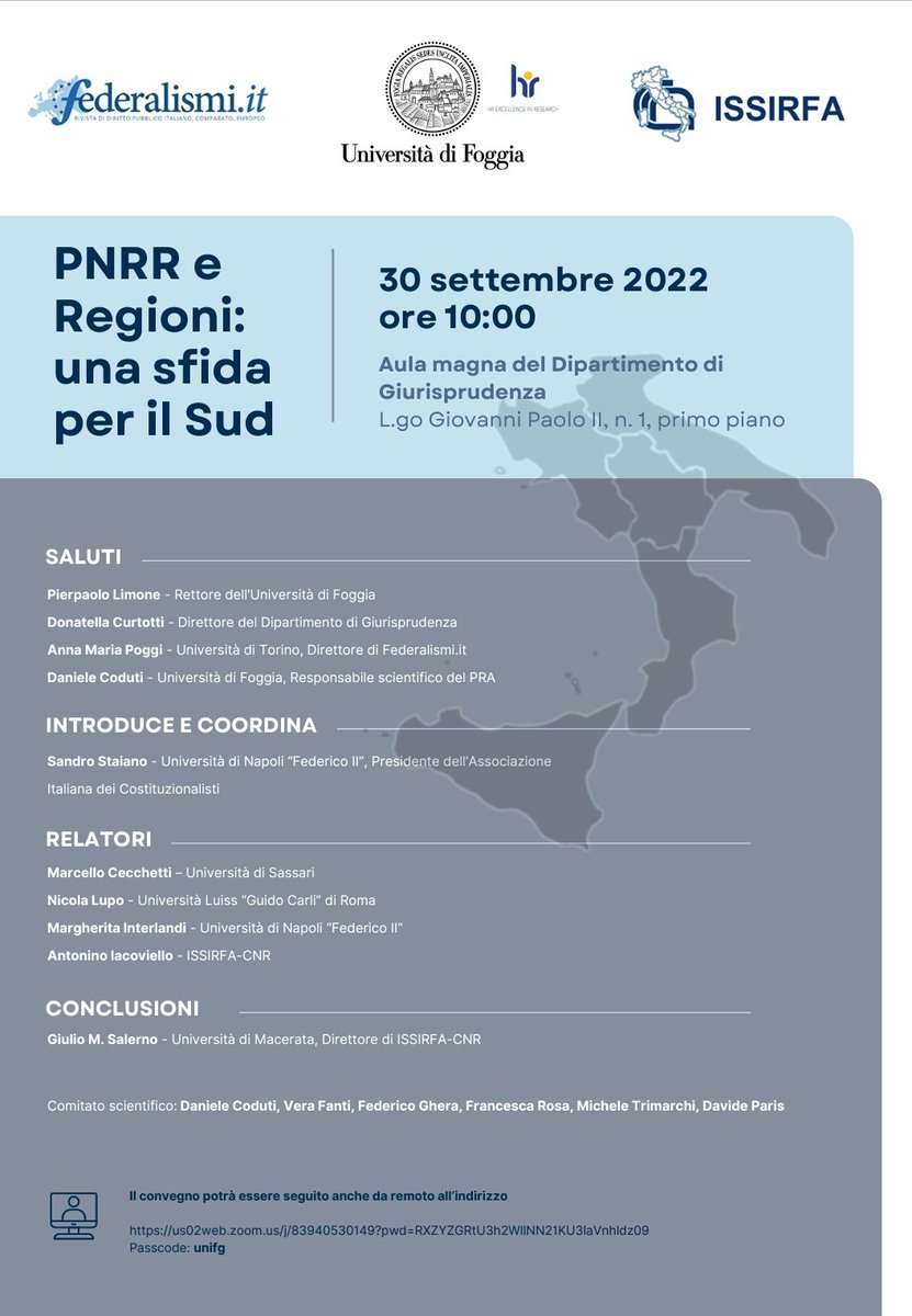 danielecoduti's tweet photo. PNNR e Regioni: una sfida per il Sud, convegno del 30 settembre 2022, ore 10:00, presso @unifg con @federalismi e @rfacnr

cc @rosa_francesca @Nilupo https://t.co/5SJp99wYyS