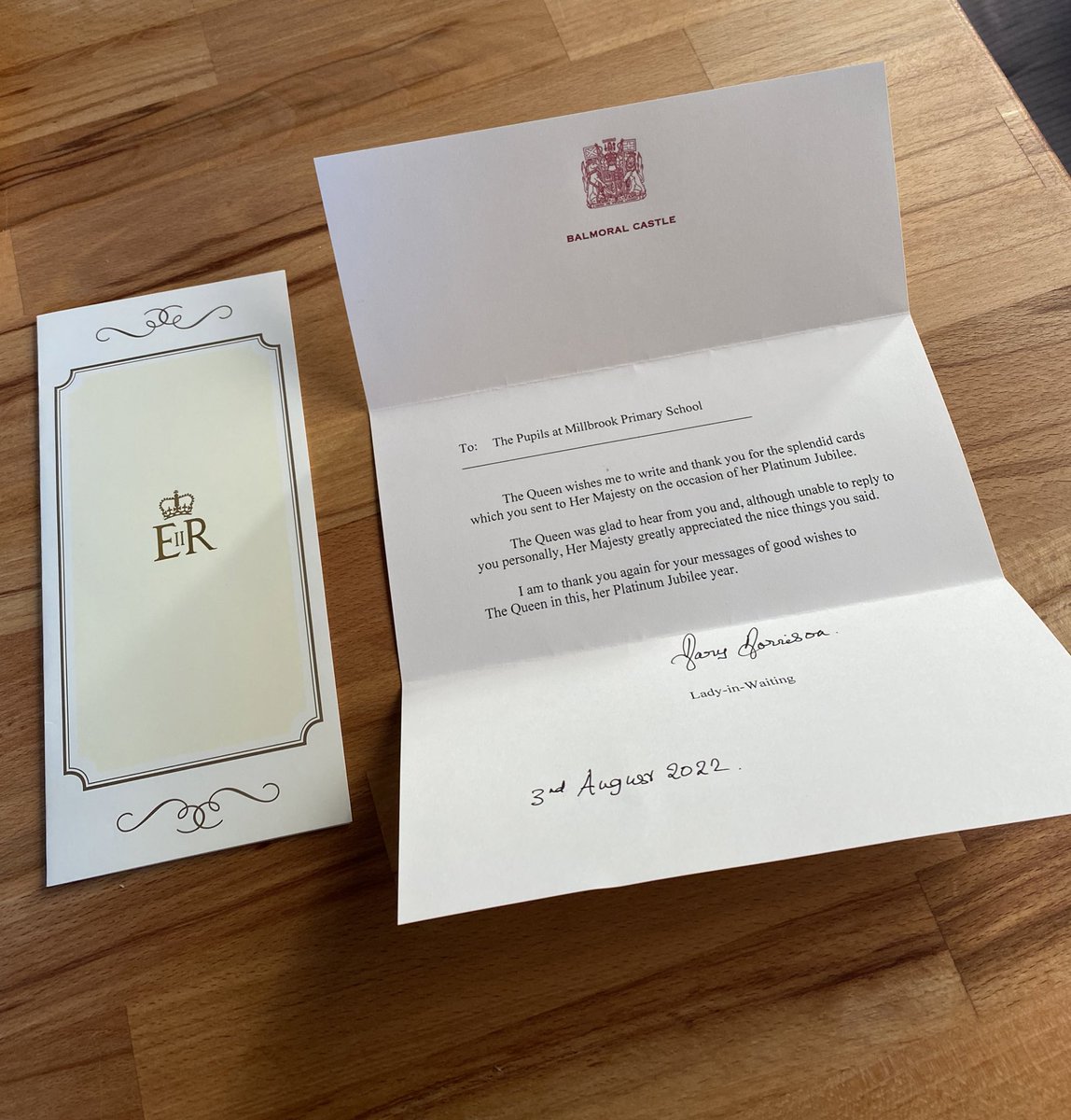 MissCDudley's tweet photo. And a couple of months later we received a response, which arrived after Her Majesty The Queen’s passing. Has even more sentimental value now ❤️🕊️ @MillbrookBeech https://t.co/o63l9Olerb