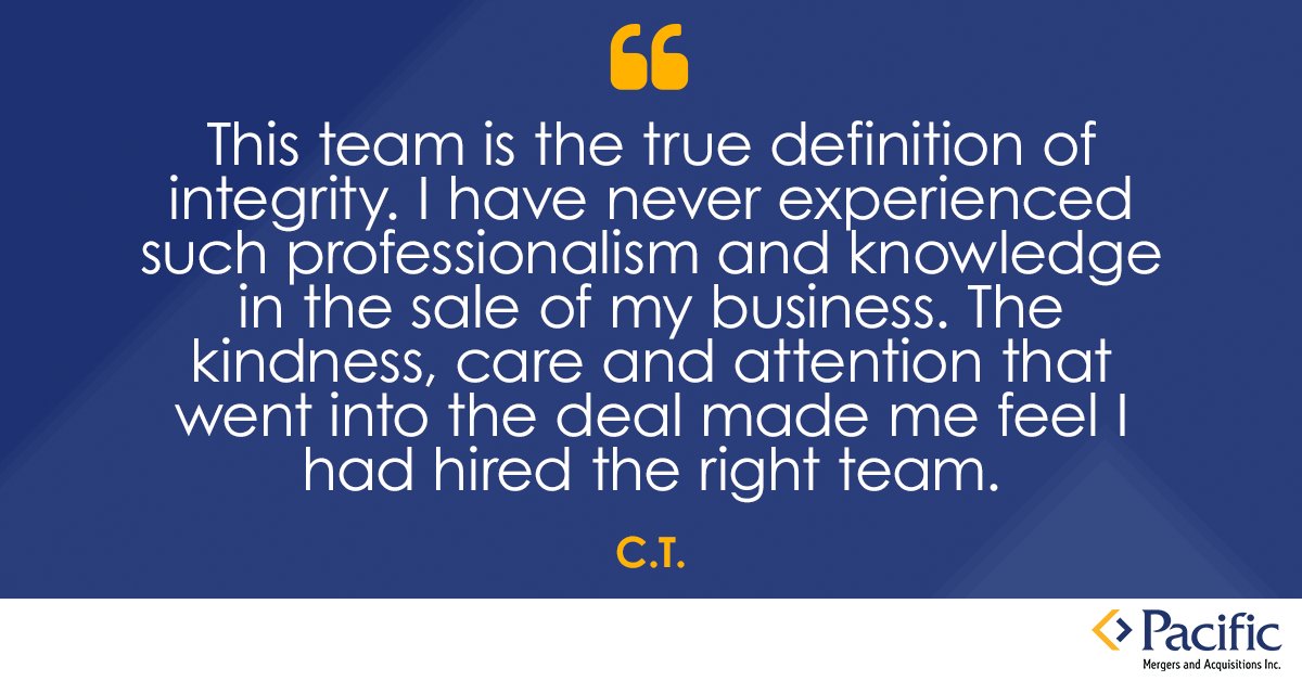 Pacific Mergers and Acquisitions Inc. sees the human behind the sale. Our advisors get to know you and your team and what your goals are so we can make sure we’re working towards a result that you leave satisfied with. 

Schedule a consultation today. 
pmabb.com/contact-us/