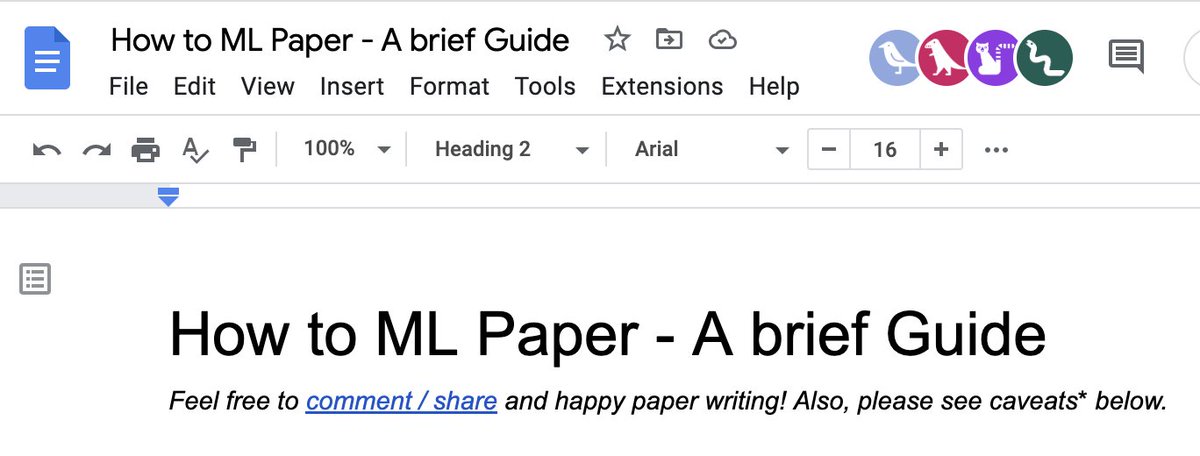 My "How to ML Paper - A brief Guide" (docs.google.com/document/d/16R…) is getting visitors again! Good luck with your #ICLR2023 submissions :)