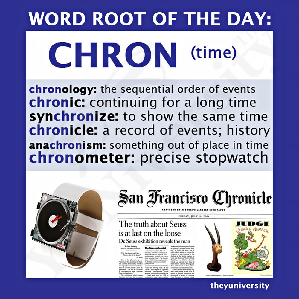 The_YUNiversity's tweet photo. CHRON (time) 🕰️📅

Example words: 

• chronology
• chronic
• synchronize
• chronicle
• anachronism

#vocabulary https://t.co/7D0bfvWxyW