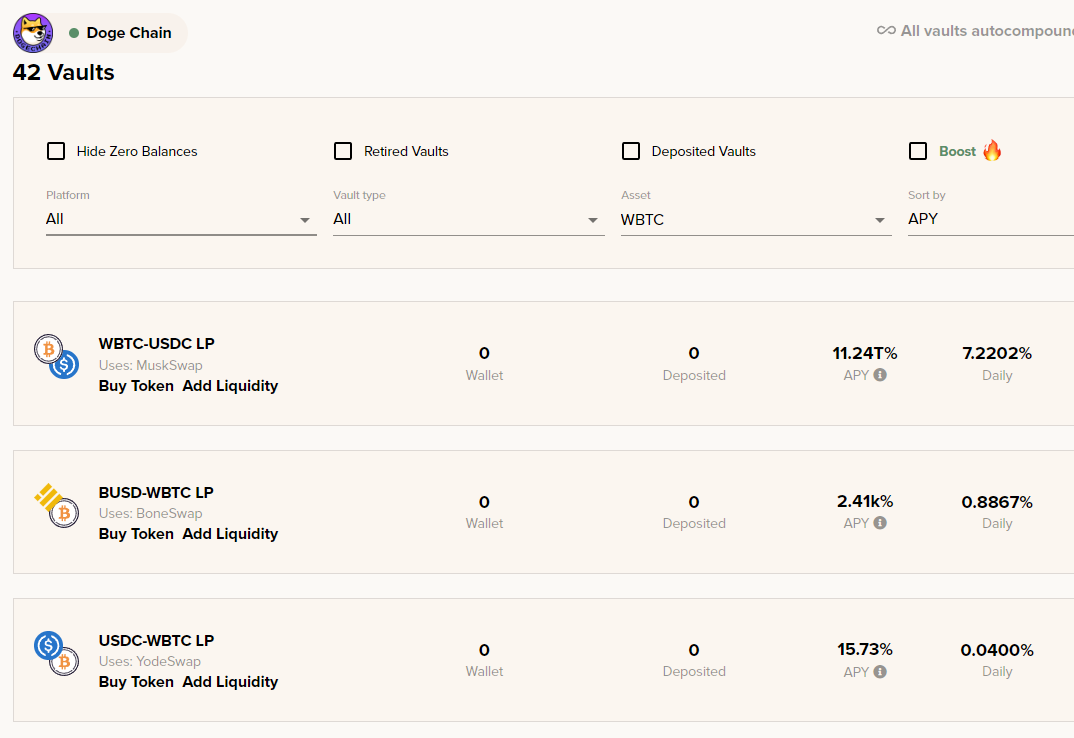 DogeCompounder's tweet image. Put your $BTC at work on dogecompounder.dog : 
- WBTC/USDC : 11.24T% APY on @dmuskswap 
- WBTC/BUSD : 2.41k% APY on @BoneSwapAMM 
- WBTC/USDC : 15.73% APY on @Yodeswap 

42 Vaults available on #DogeChain and more to come 🐶💰