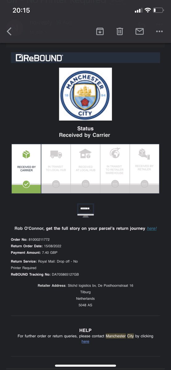 rob_oco's tweet photo. @ManCityHelp please can you point me in the right direction. I returned an item on the 15/8/22 that I bought online and have yet to receive my refund. Every time I check the status of the refund it it is still on the below stage. https://t.co/Q2dqGQhu42