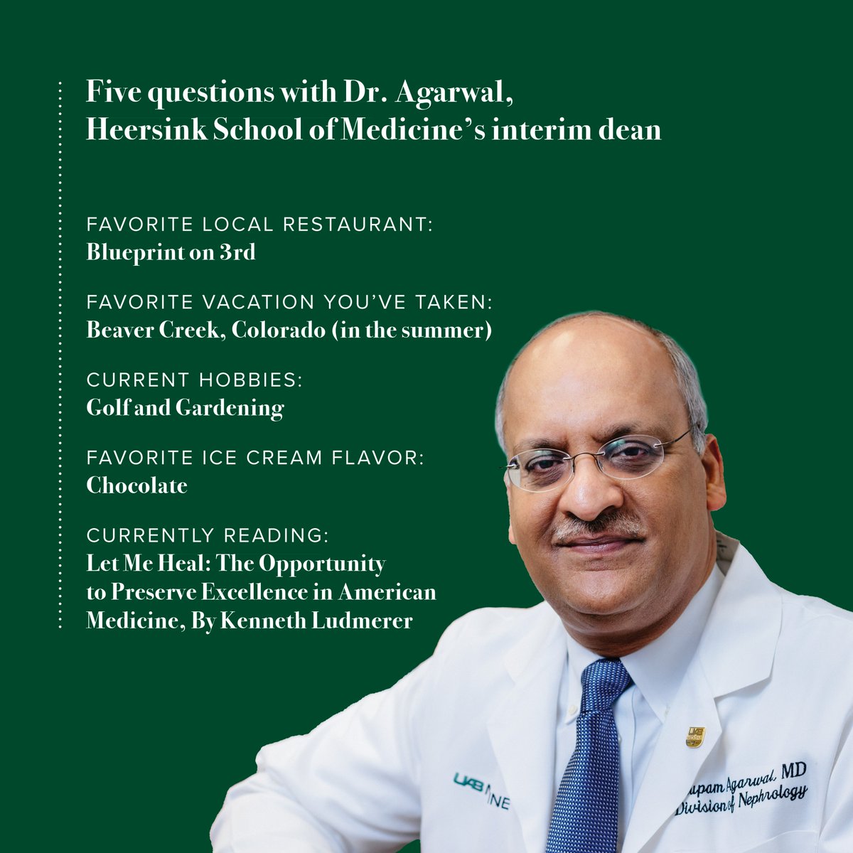 This month, <a href="/anupamuab/">Anupam Agarwal</a> begins his role as interim SVP for Medicine and dean of the Heersink School of Medicine 

In his first message, he shares excitement for the role + why he is looking forward to the future:
uab.edu/medicine/news/…

We are glad to have him at the helm!