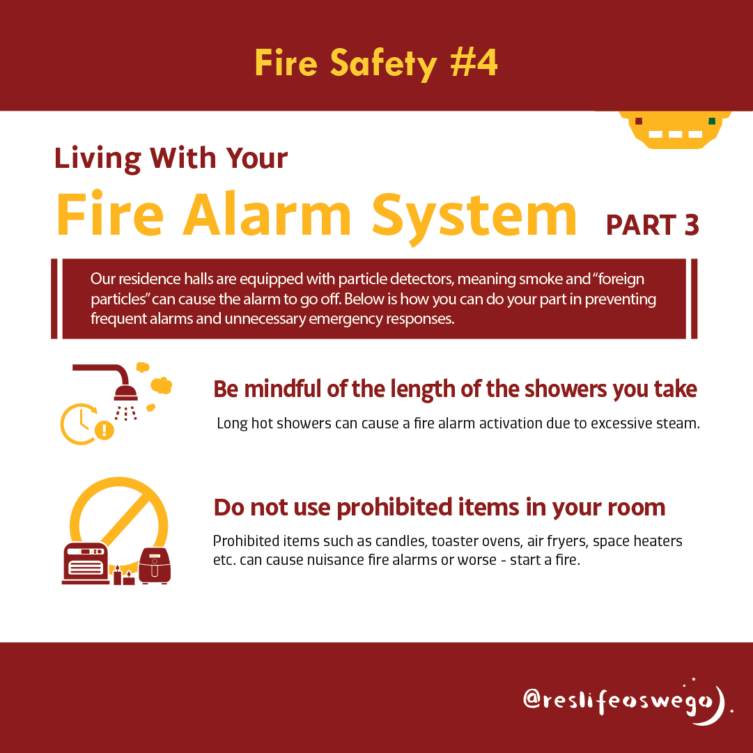 OswegoResLife's tweet photo. 🚒Fire Safety #4 Living With Your Fire Alarm System PART. 3

Our halls are equipped with particle detectors, meaning smoke and “foreign particles” can cause the alarm to go off. See how you can do your part in preventing frequent alarms and unnecessary emergency responses. https://t.co/CHy78kIwP3
